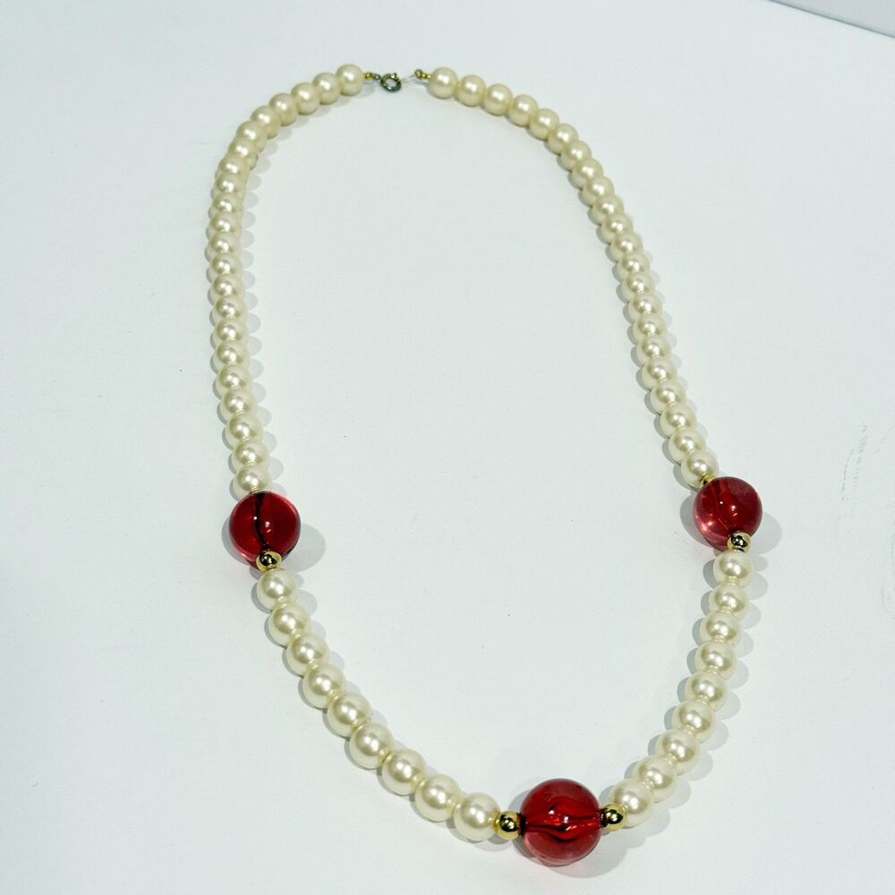 Vintage Faux Pearl Necklace with Large Red Lucite Glass Beads & Gold Accents - Picture 3 of 11